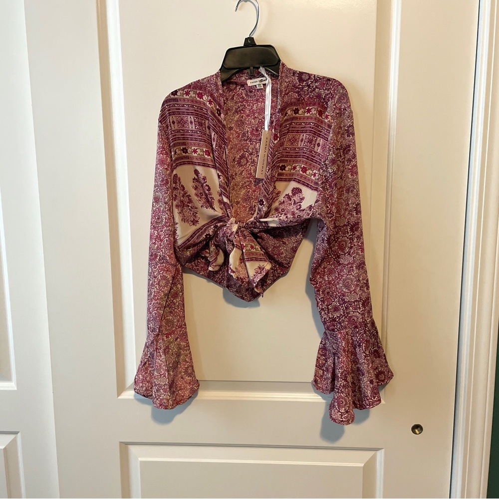 Karma Highway Floral Bohemian 1970s Women's Tie Silk Top Pink Paisley NWT